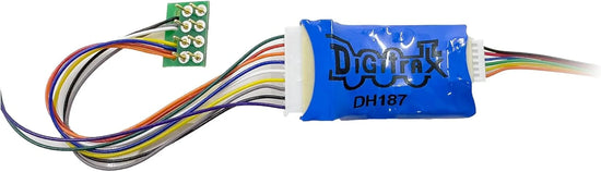 HO scale Digitrax DH187P digital decoder module for model trains with detailed circuit board and wiring visible.