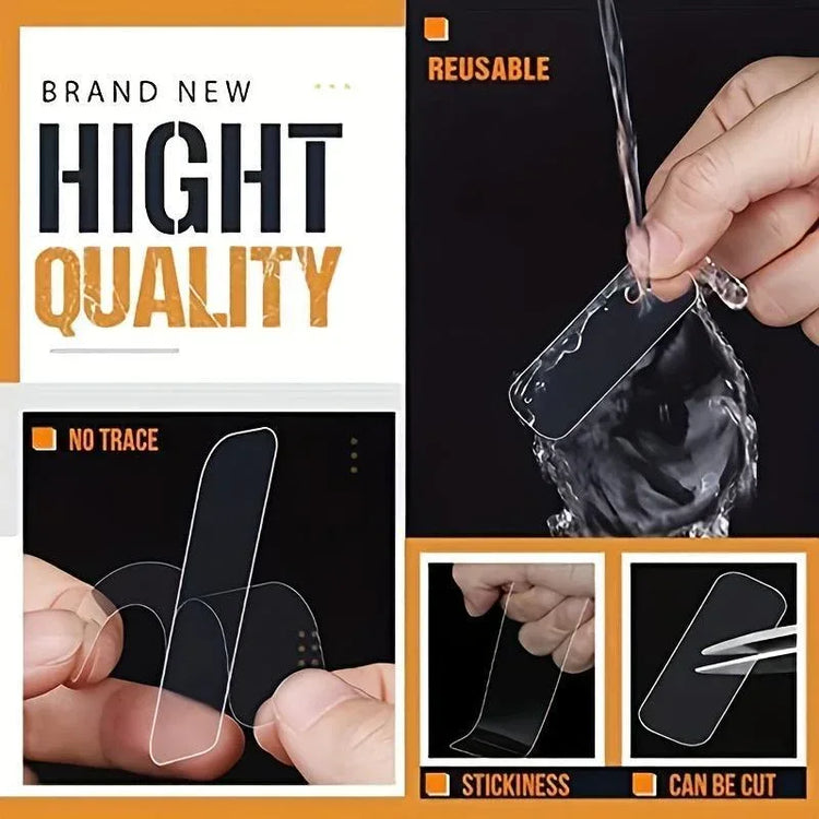 60-piece heavy-duty double-sided adhesive tape set showing strong, clear adhesive on durable tape strips for various bonding needs