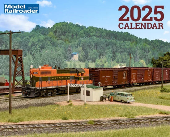2025 model railroading calendar featuring detailed train images and scenic layouts for model train enthusiasts.