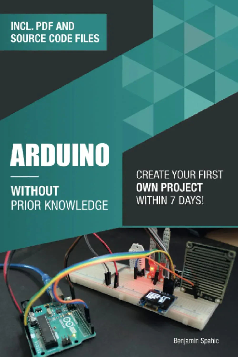Open book showing Arduino Fundamentals guide with diagrams and illustrations for beginners starting their engineering projects.