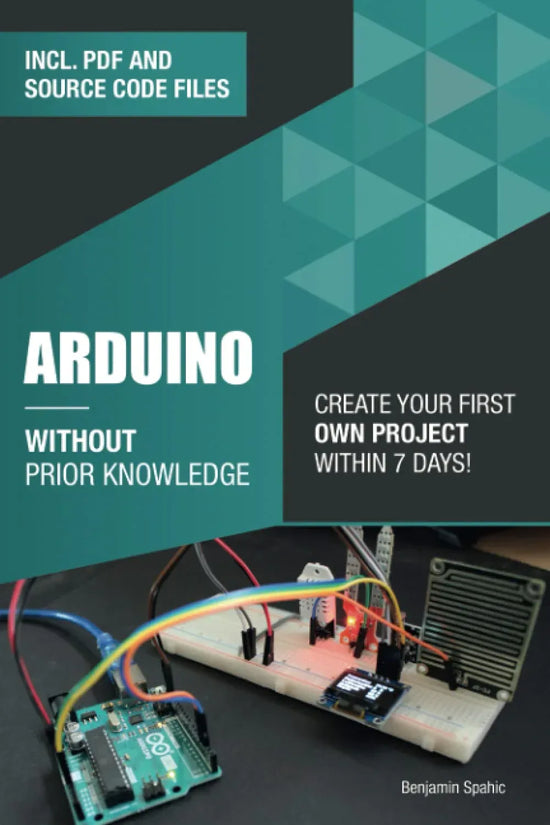 Open book showing Arduino Fundamentals guide with diagrams and illustrations for beginners starting their engineering projects.