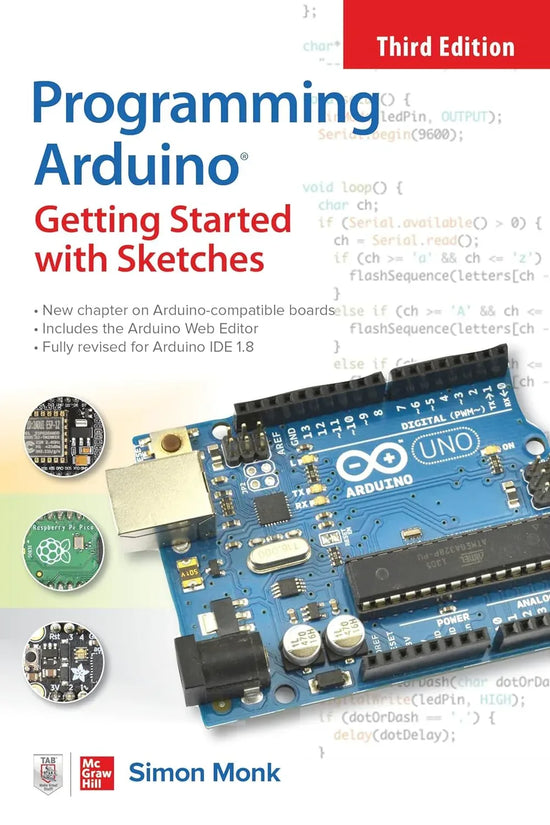 Cover image of Arduino Programming book, Third Edition, featuring Arduino logo and colorful circuit illustrations.