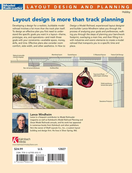 Open book titled "Comprehensive Guide to Model Railroad Design" showing detailed layout diagrams and design tips for model train setups.