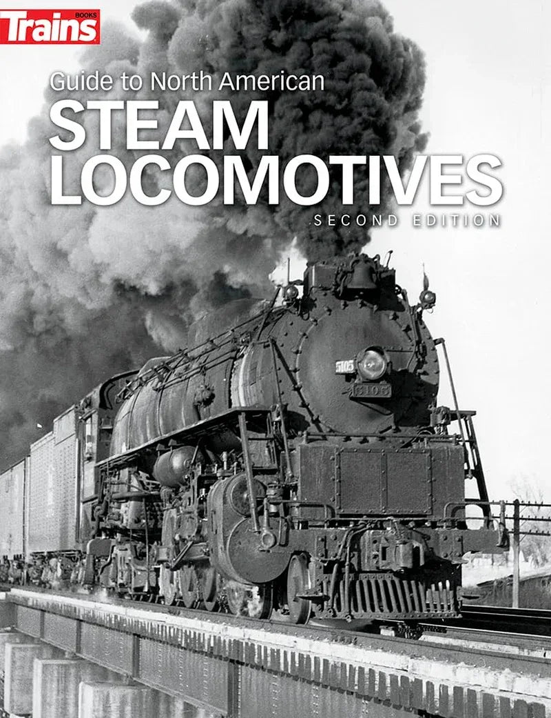 Photo of the cover for "Comprehensive Guide to North American Steam Locomotives" book showing steam locomotive illustrations.