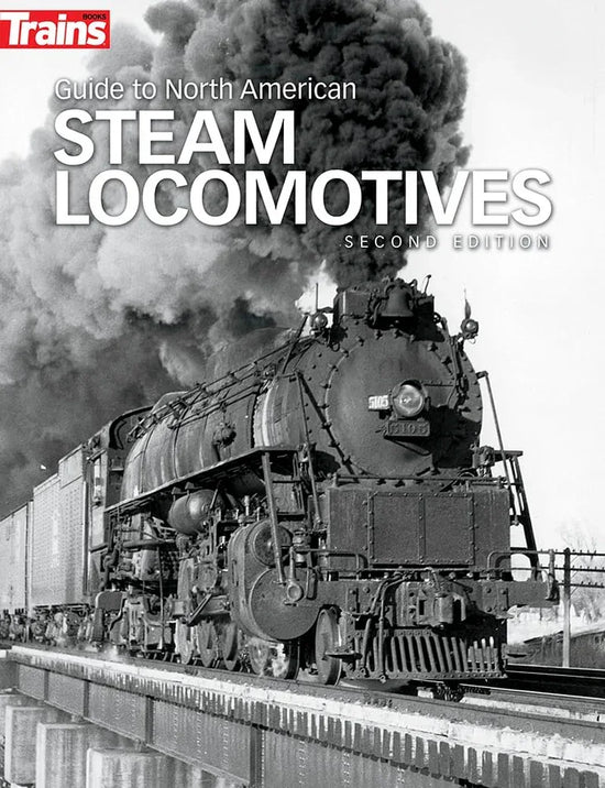 Photo of the cover for "Comprehensive Guide to North American Steam Locomotives" book showing steam locomotive illustrations.