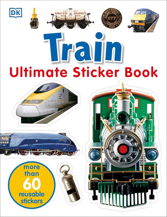Comprehensive train sticker collection with over 60 reusable full-color train stickers on a white background.