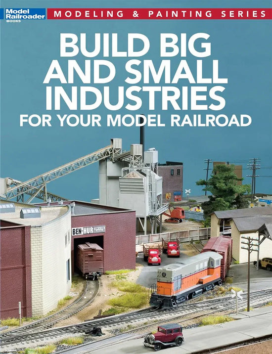 Book cover for "Constructing Large and Small Industries for Model Railroads" showing detailed industry models and painting techniques.