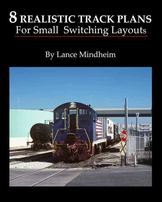 Book cover of "Eight Realistic Track Plans for Compact Switching Layouts" showing detailed model train track diagrams and layout designs.