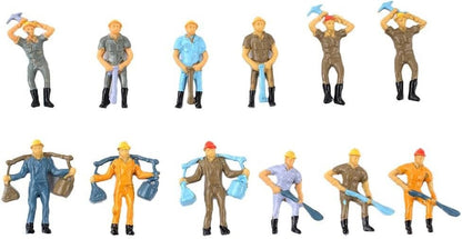 Set of 12 painted O scale 1:48 railway worker figures by BYMRR Train Store, with four poses for model train scenery and stations.