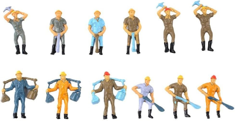 Set of 12 painted O scale 1:48 railway worker figures by BYMRR Train Store, with four poses for model train scenery and stations.