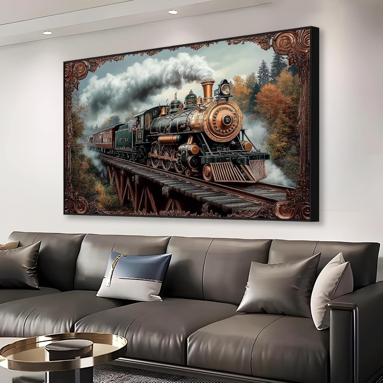 Vintage Steam Train Canvas Wall Art, Steampunk Locomotive Framed Canvas Print, Antique Train Wall Decor, Train Canvas Wall Art, Steam Train Poster, Living Room Bedroom Wall Decor (Black Framed, 36"X24" | 92X62Cm)