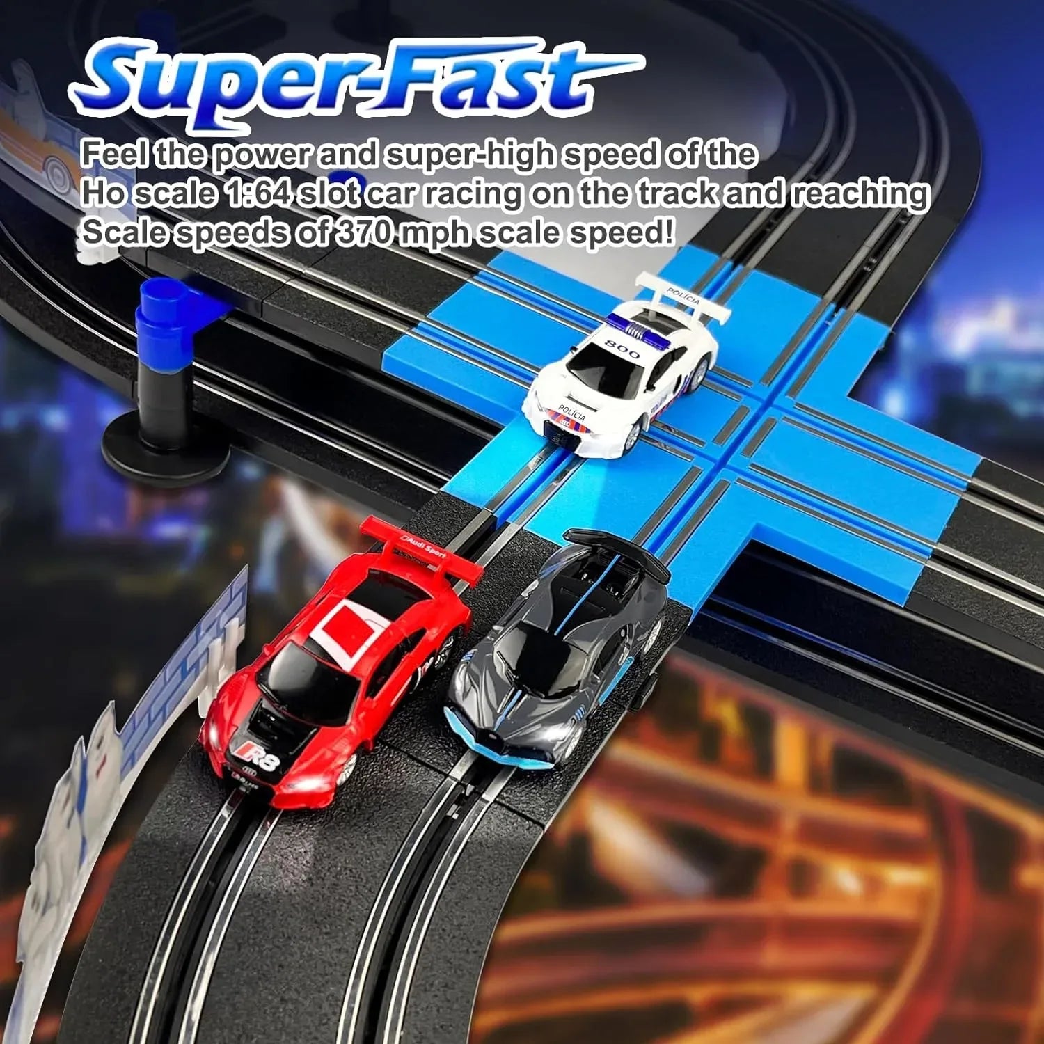 High-speed dual track slot car racing set by AGM MASETCH with four licensed vehicles on a detailed racing track.