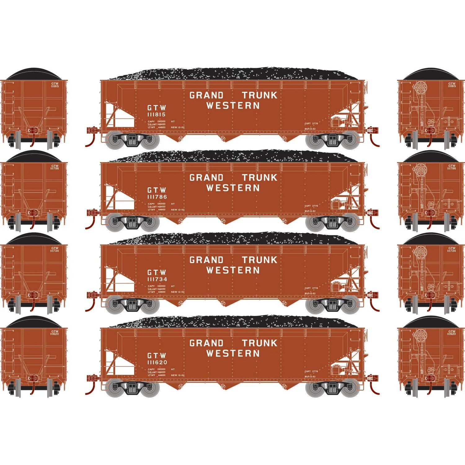 HO scale 40-foot offset coal hopper car with load, GTW 