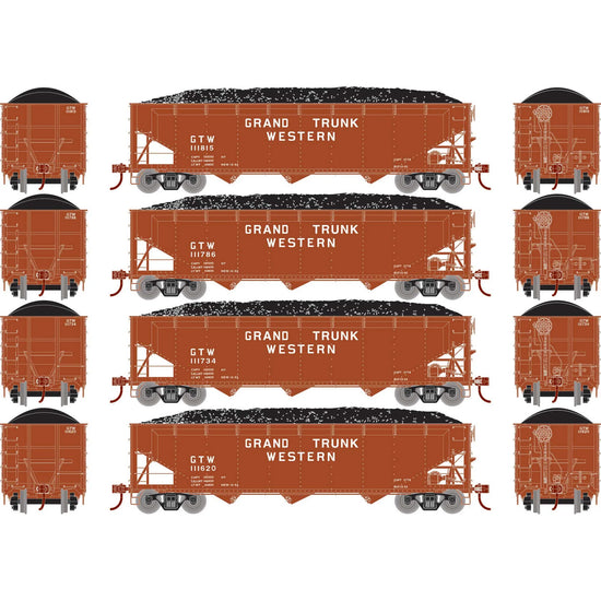 HO scale 40-foot offset coal hopper car with load, GTW 