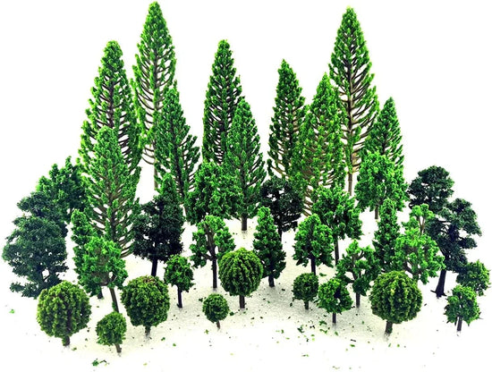 Miniature trees and bushes set for dioramas and scenic models, featuring woodland and railroad architecture by SaktopDeco