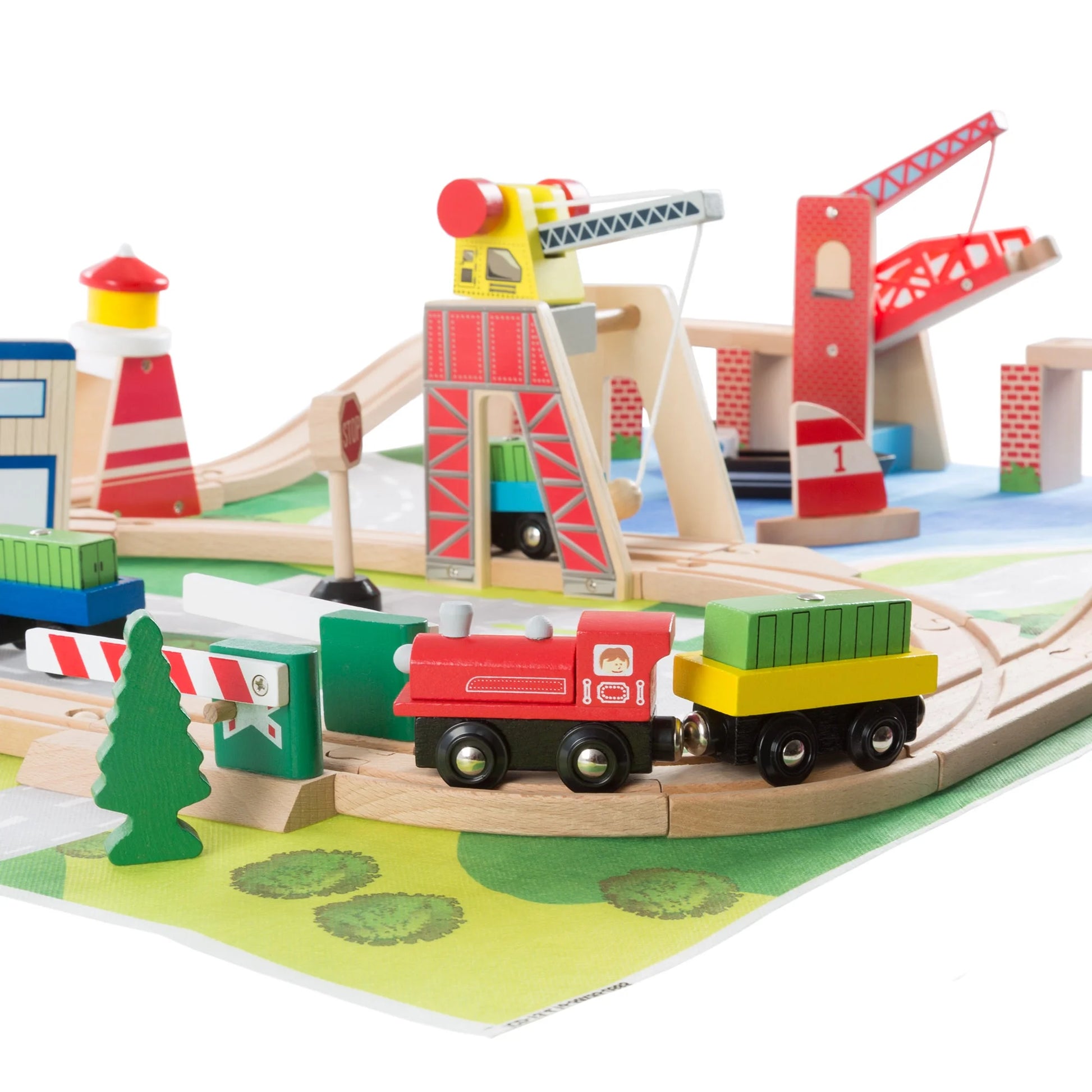 75-Piece Wooden Train Set Including Wood Tracks, Trains, Cars, Boats, and Accessories by