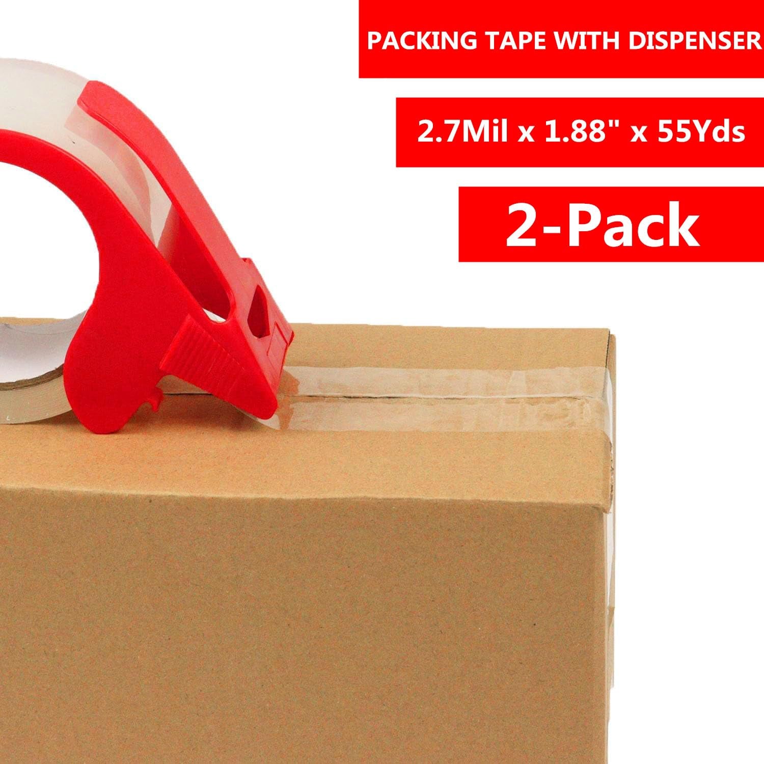 2-Pack Heavy Duty Clear Packing Tape with Dispenser - 2.7 Mil, 1.88" x 55 Yards, Strong Adhesive for Moving Boxes and Packaging