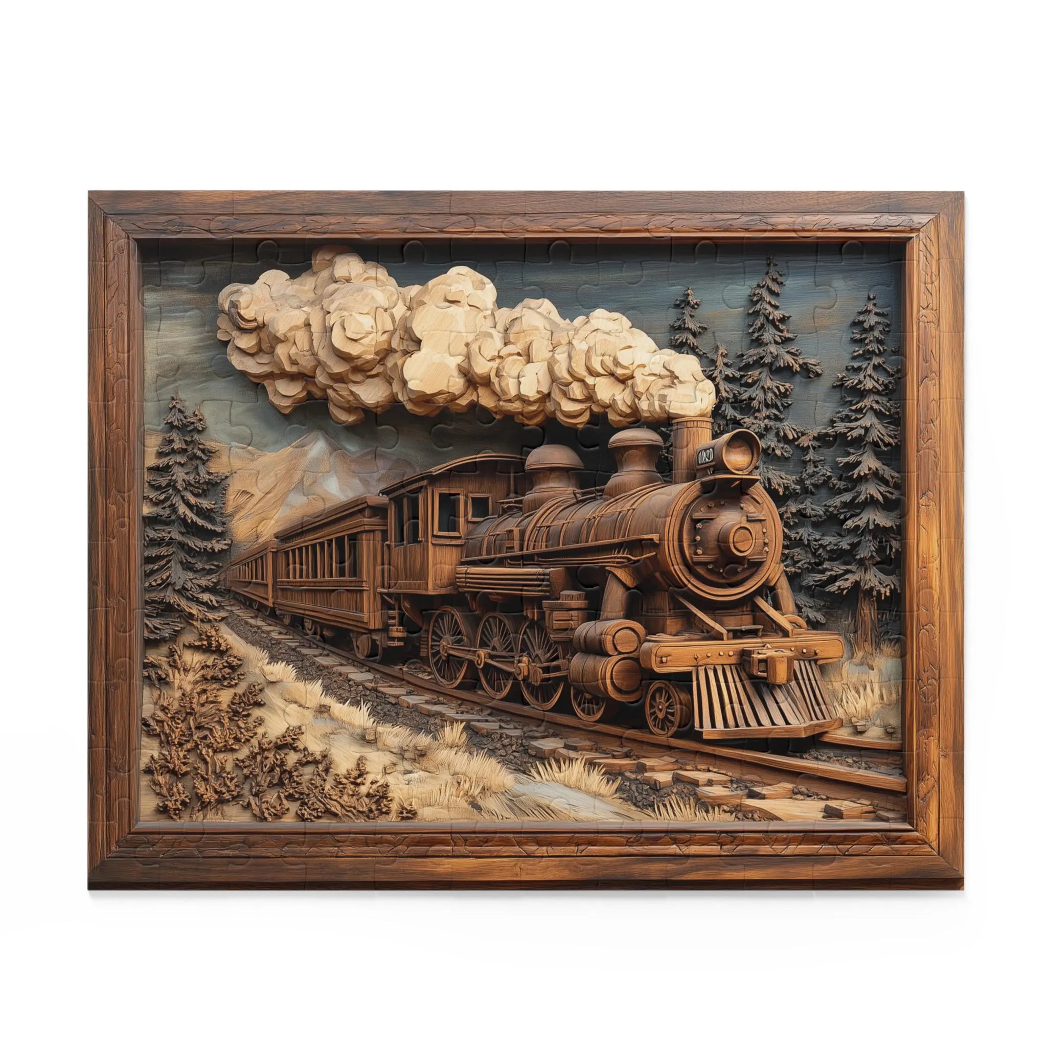 Vintage Train Jigsaw Puzzle - Wood Effect Locomotive Art