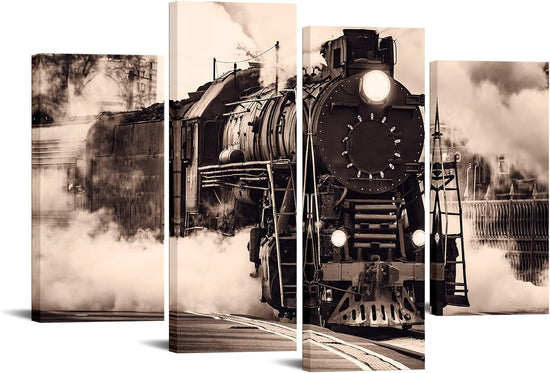 Vintage sepia steam train canvas artwork by BYMRR Train Store, featuring an elegant retro train scene for home or office decor.