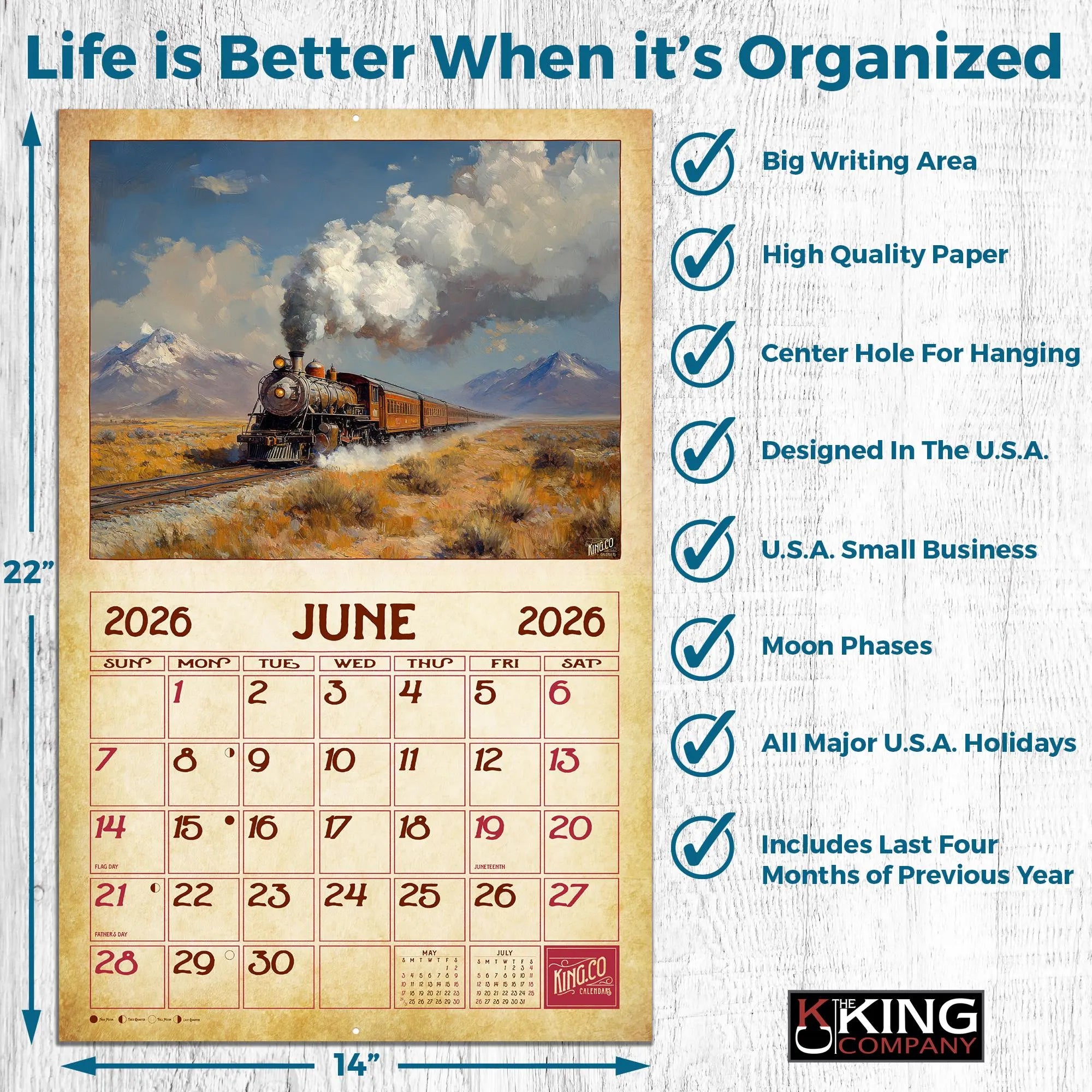 Vintage Trains 2026 XL 16-Month Wall Calendar by KING