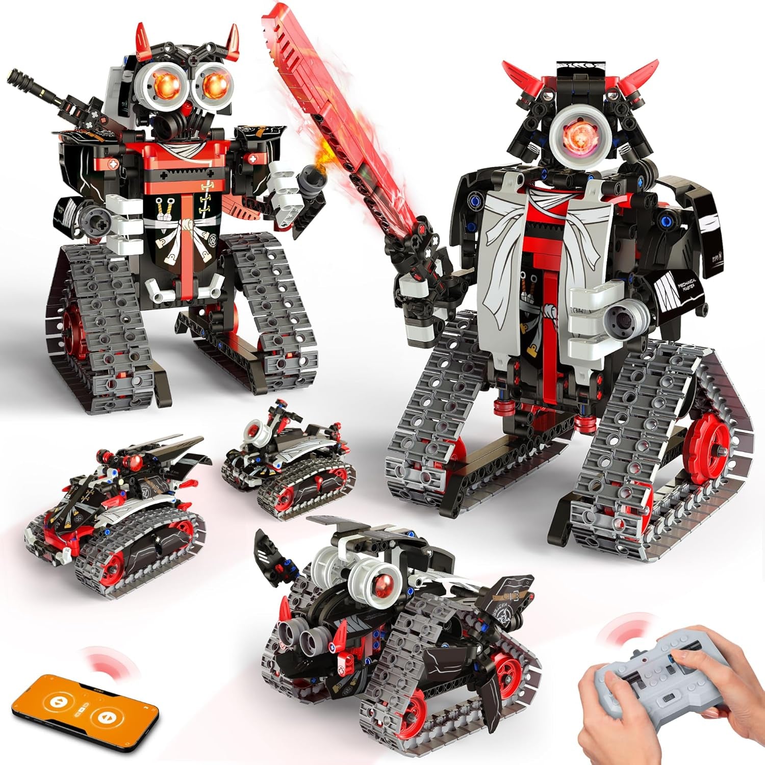 5-in-1 STEM Remote-Controlled Robot Building Kit with APP, Samurai/Ninja Blocks, 419 Pieces, Educational DIY Erector Set for Children Ages 6 and Up