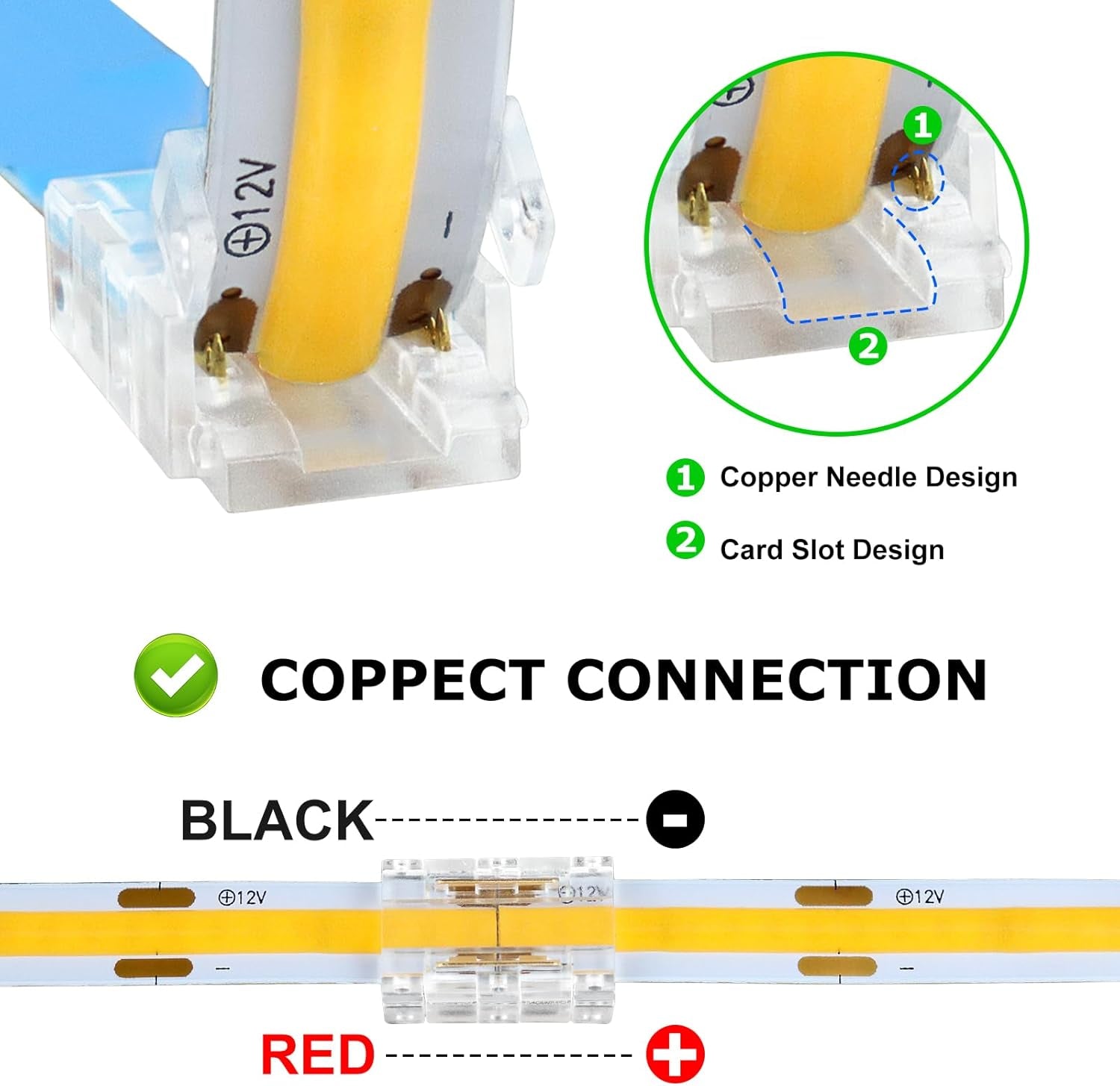 Lightingwill 2-Pin 8mm LED Connectors - 10 Pack Solderless Transparent Strip-to-Strip Connectors for COB/SMD 2835 3528 Single Color LED Strips, Ensuring No Dark Areas