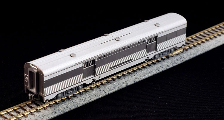 N scale diesel passenger train set featuring CB&Q and Silver Streak Zephyr locomotives and cars, modeled in detailed replica style.