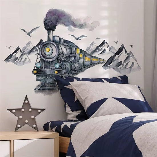 Watercolor mountain train and seagulls wall stickers for kids&