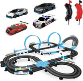 AGM MASETCH high-speed dual track slot car racing set with four licensed vehicles and racing controllers on a track layout.