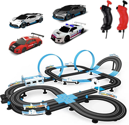 AGM MASETCH high-speed dual track slot car racing set with four licensed vehicles and racing controllers on a track layout.