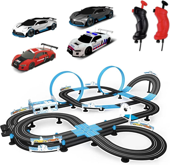AGM MASETCH high-speed dual track slot car racing set with four licensed vehicles and racing controllers on a track layout.