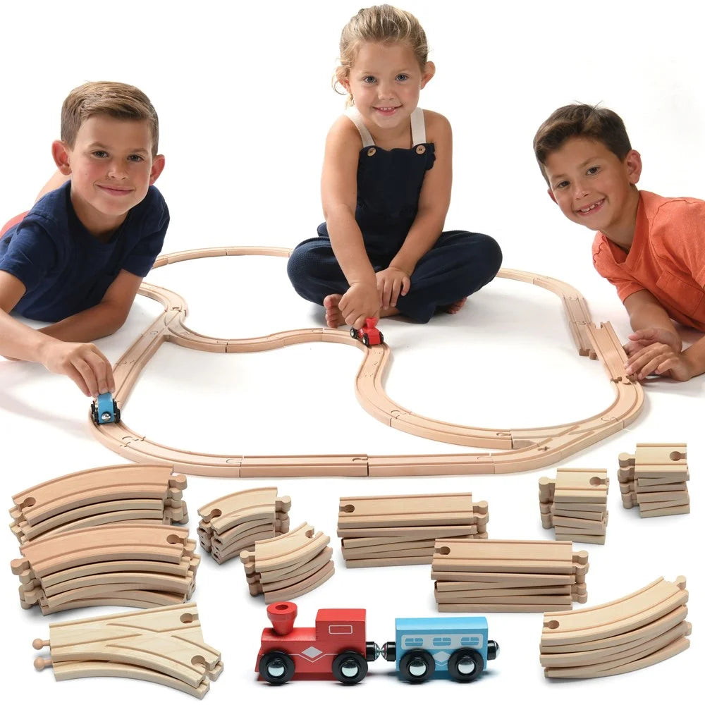 Kids Woden Train Track Set with 2 Bonus Toy Trains, 52 Count