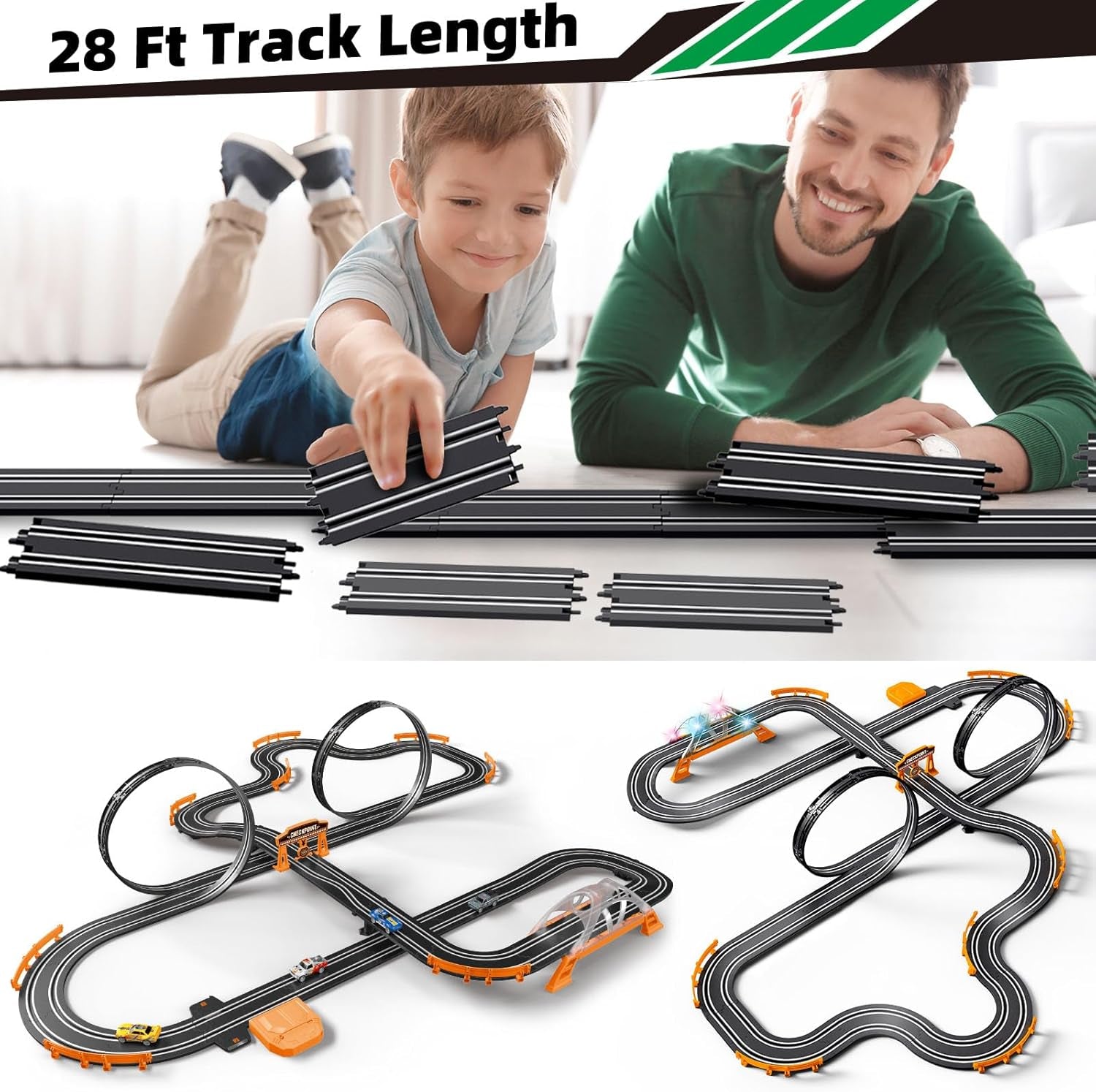Slot Car Racing Track Set with 4 Electric Cars and Dual Track System, Includes Flash Bridge and Pendulum Toys - Perfect Gift for Children Aged 6 to 8 Years