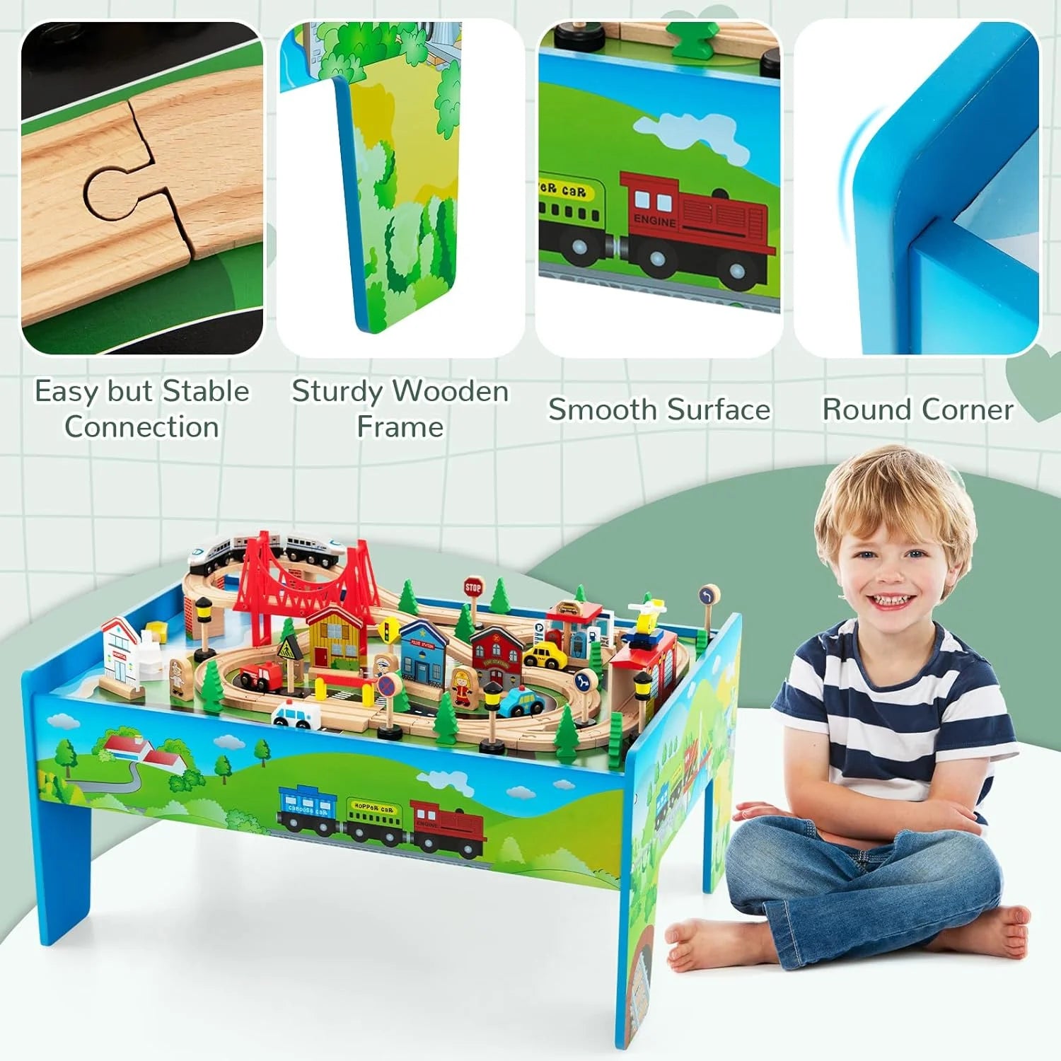 Train Table, 80 Pieces Wooden Kids Activity Toy Table Playset with Reversible Detachable Tabletop, Tracks, Train, Railway, City, Gift for Toddler Boys Girls Ages 3+
