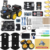 ELEGOO UNO R3 Smart Robot Car Kit V4 for Arduino, a STEM robotics kit with motors, sensors, and components for young innovators.