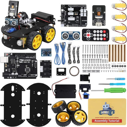 ELEGOO UNO R3 Smart Robot Car Kit V4 for Arduino, a STEM robotics kit with motors, sensors, and components for young innovators.