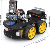ELEGOO UNO R3 Smart Robot Car Kit V4 for Arduino, featuring sensors and components for STEM robotics and coding projects.