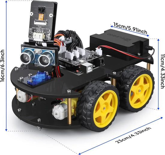 ELEGOO UNO R3 Smart Robot Car Kit V4 for Arduino, featuring sensors and components for STEM robotics and coding projects.