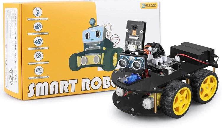 ELEGOO UNO R3 Smart Robot Car Kit V4 for Arduino, advanced STEM robotics kit with components for young coders and engineers.