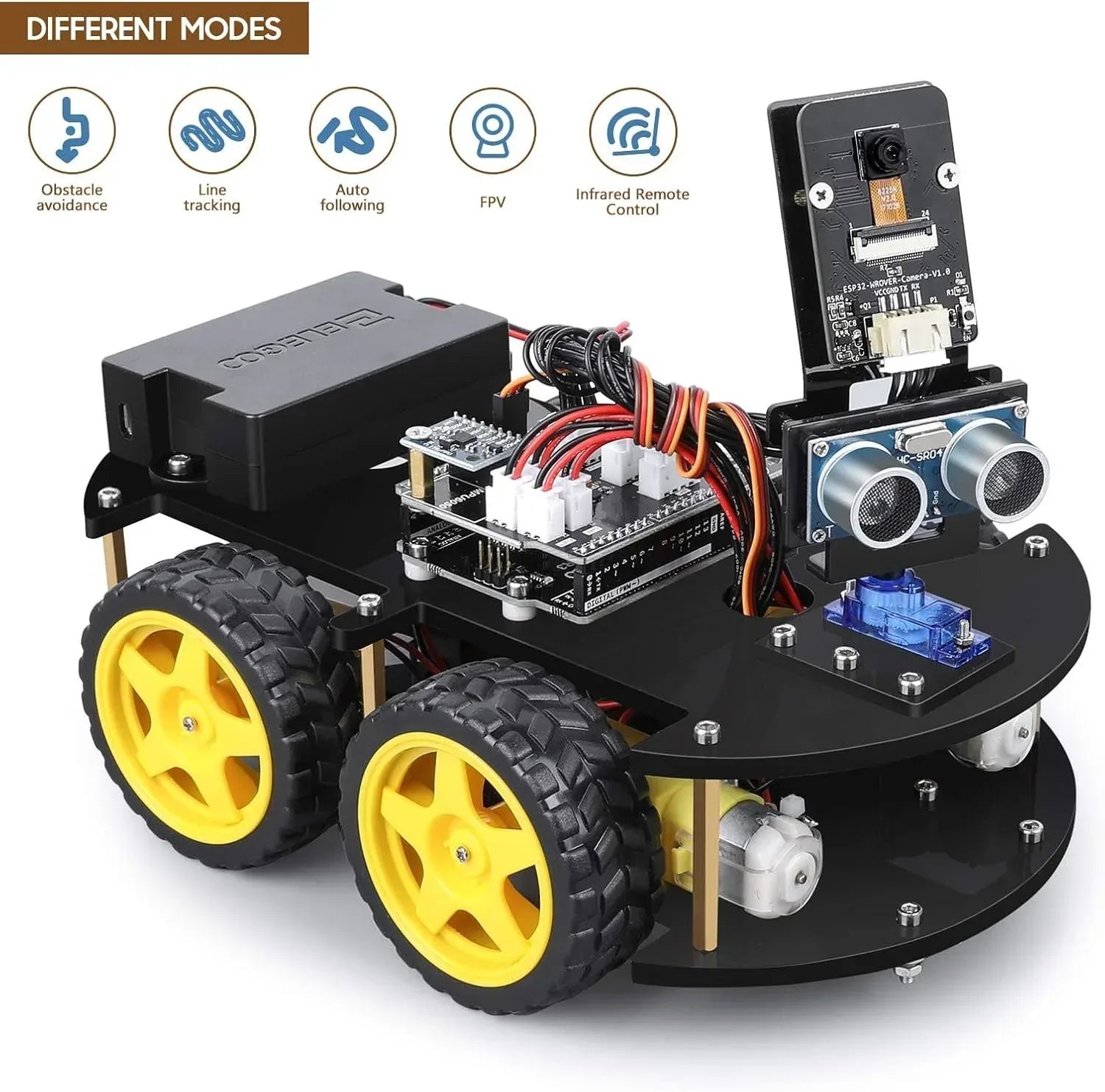 ELEGOO UNO R3 Smart Robot Car Kit V4 for Arduino, advanced STEM robotics kit with components for coding and engineering projects.