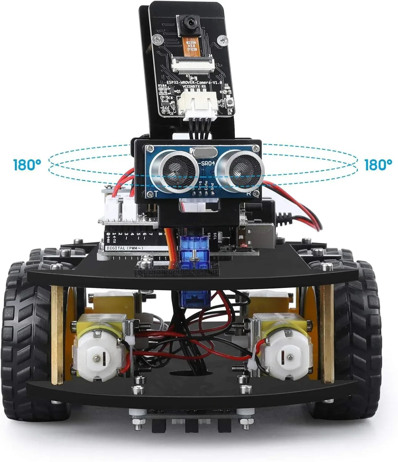 ELEGOO UNO R3 Smart Robot Car Kit V4 for Arduino showcasing assembled robot with sensors and chassis, ideal for STEM coding projects.