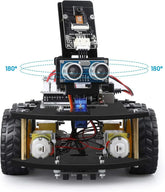 ELEGOO UNO R3 Smart Robot Car Kit V4 for Arduino showcasing assembled robot with sensors and chassis, ideal for STEM coding projects.