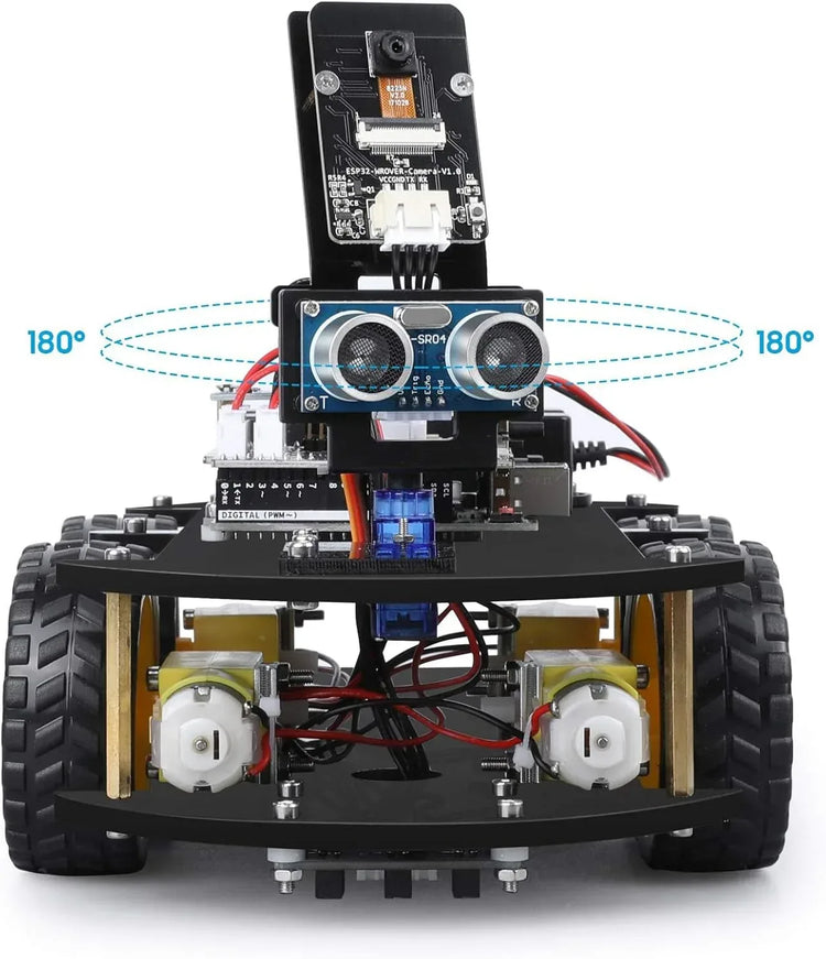 ELEGOO UNO R3 Smart Robot Car Kit V4 for Arduino showcasing assembled robot with sensors and chassis, ideal for STEM coding projects.