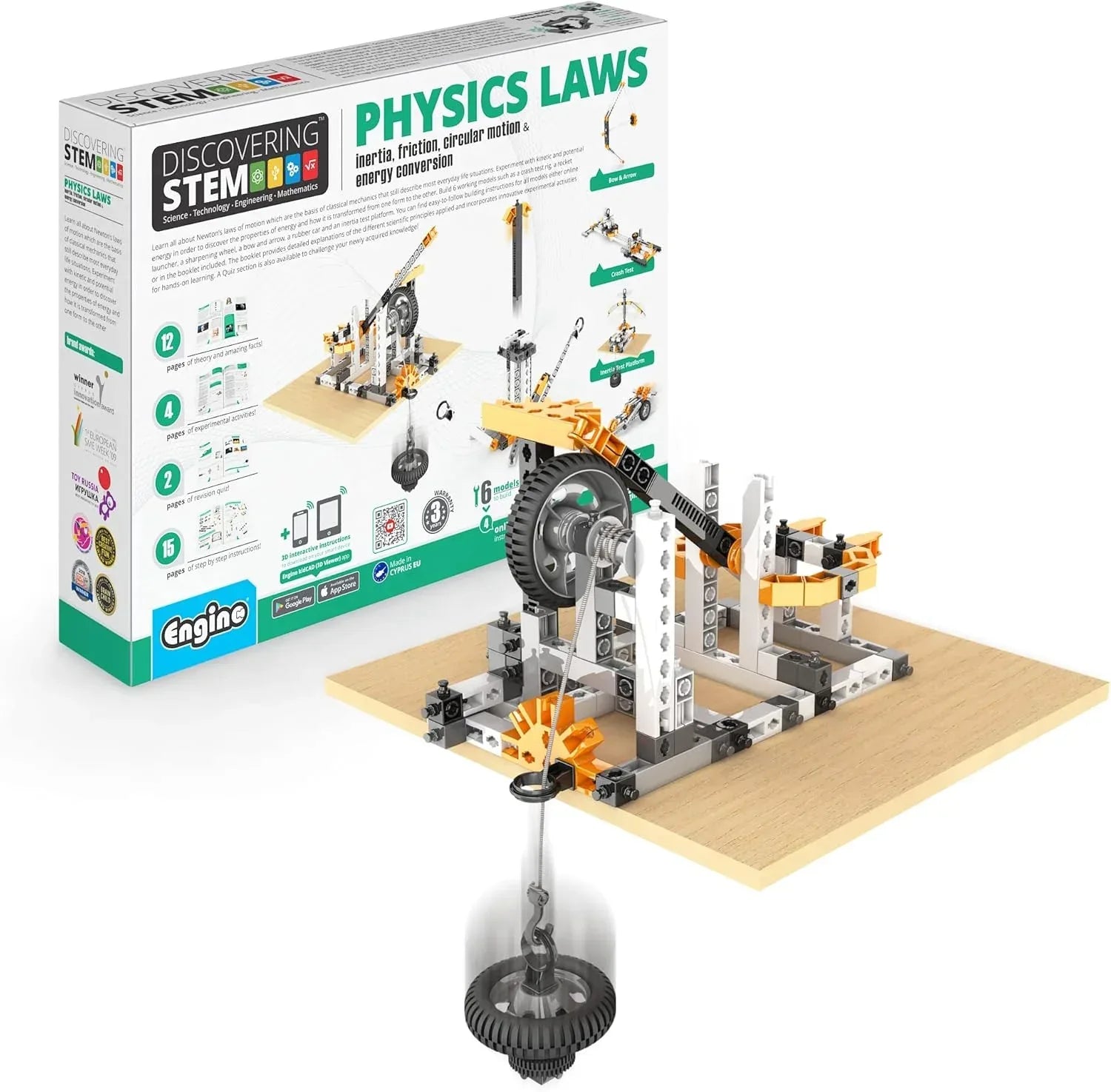 Engino STEM educational kit with building components for exploring physics principles and scientific experiments.