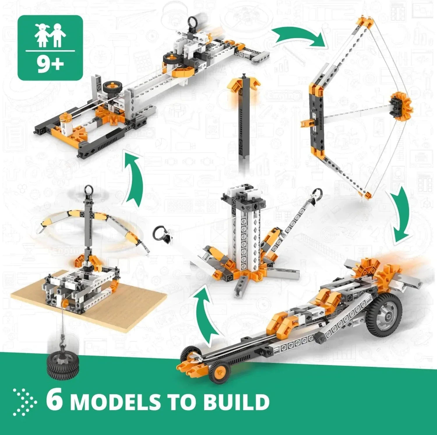 Engino STEM educational kit with colorful components for exploring physics principles and building interactive science models.