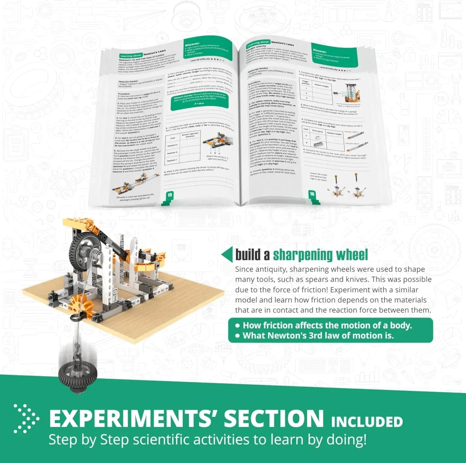 Engino STEM educational kit with building components for exploring physics principles and engineering concepts.