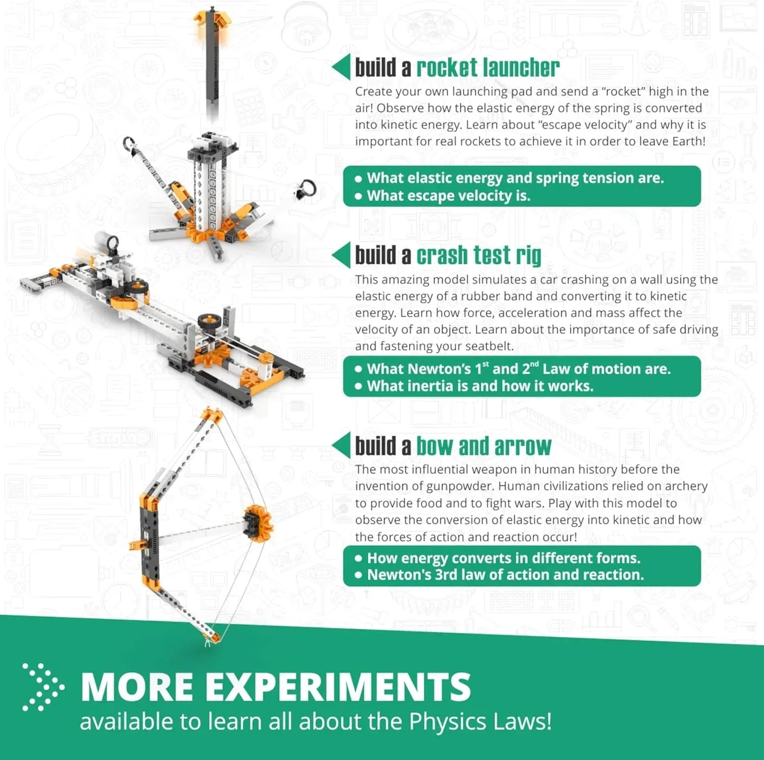 Engino STEM educational kit with various building pieces and physics models for hands-on physics exploration and learning.