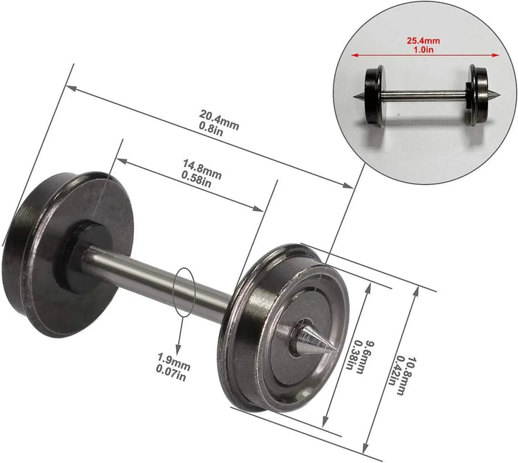 EVEMODEL 24-piece HO scale 1:87 metal wheel set for model trains, showing detailed 33-inch wheels compatible with DC layouts.