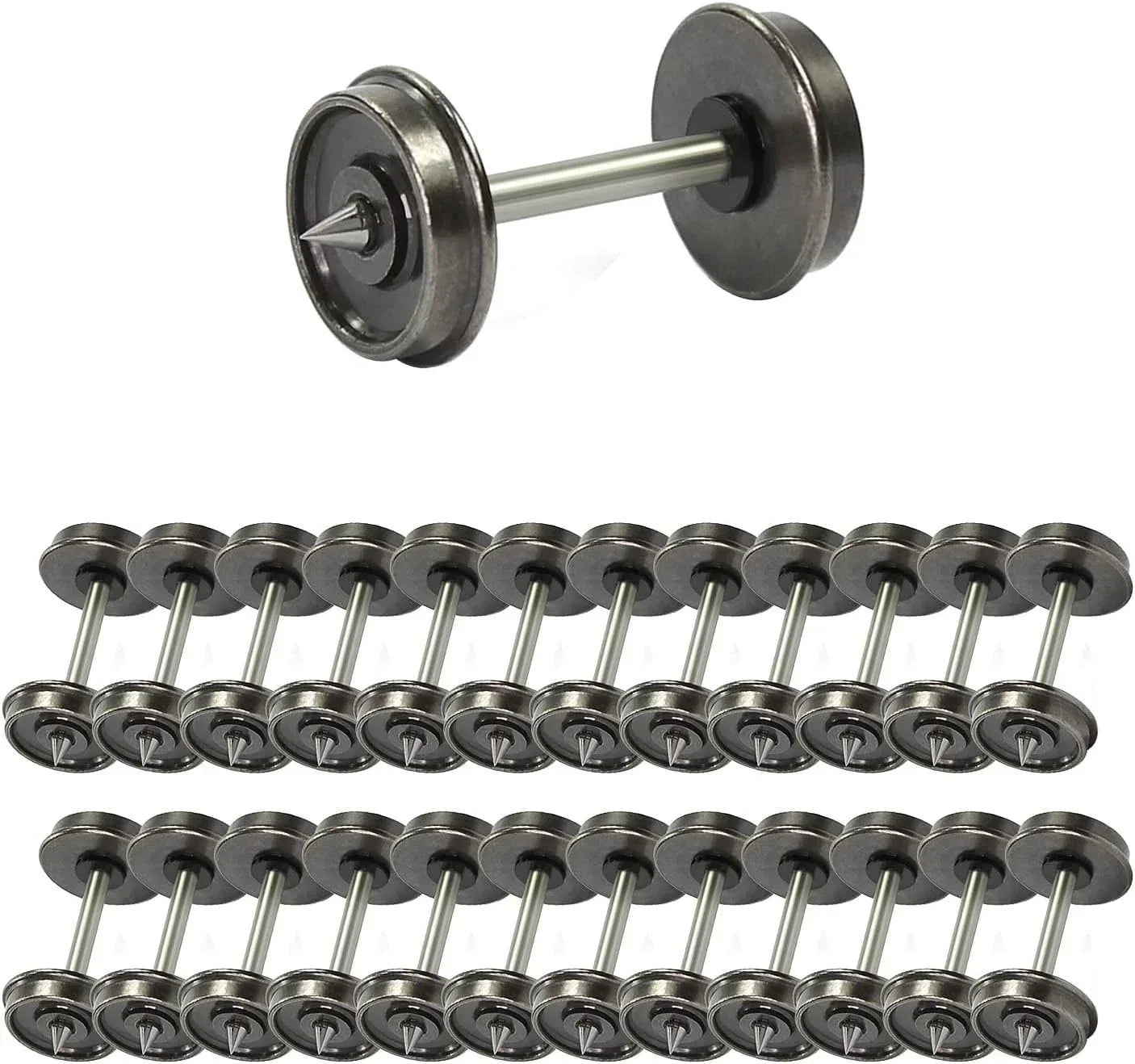 HO scale model train 36-inch metal wheelsets with DC wheels and axles by EVEMODEL, showing detailed metal train wheel components.