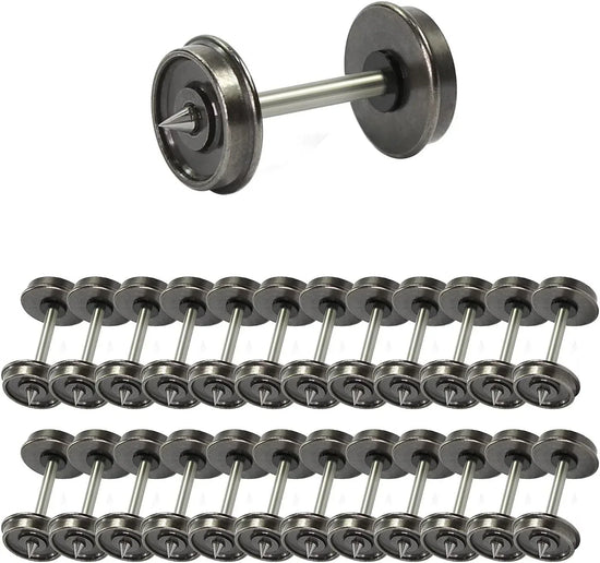 HO scale model train 36-inch metal wheelsets with DC wheels and axles by EVEMODEL, showing detailed metal train wheel components.
